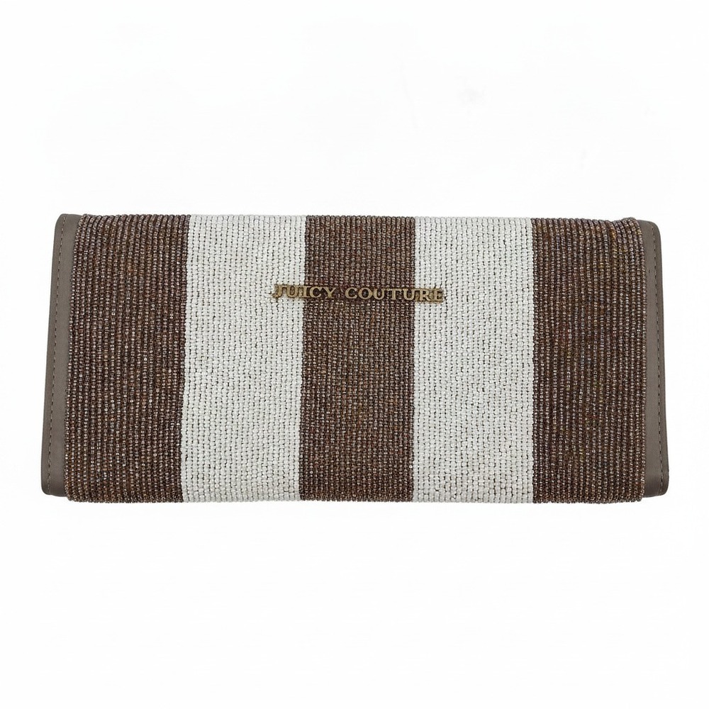 Juicy Couture White Tan Bag Beaded Trifold Clutch Multicolor